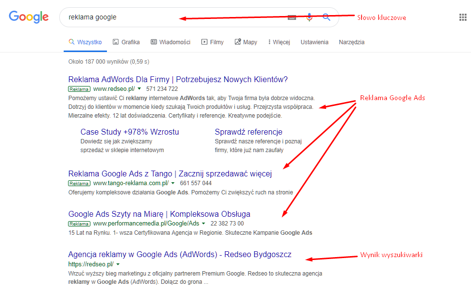 Wyniki reklamowe i organiczne w Google