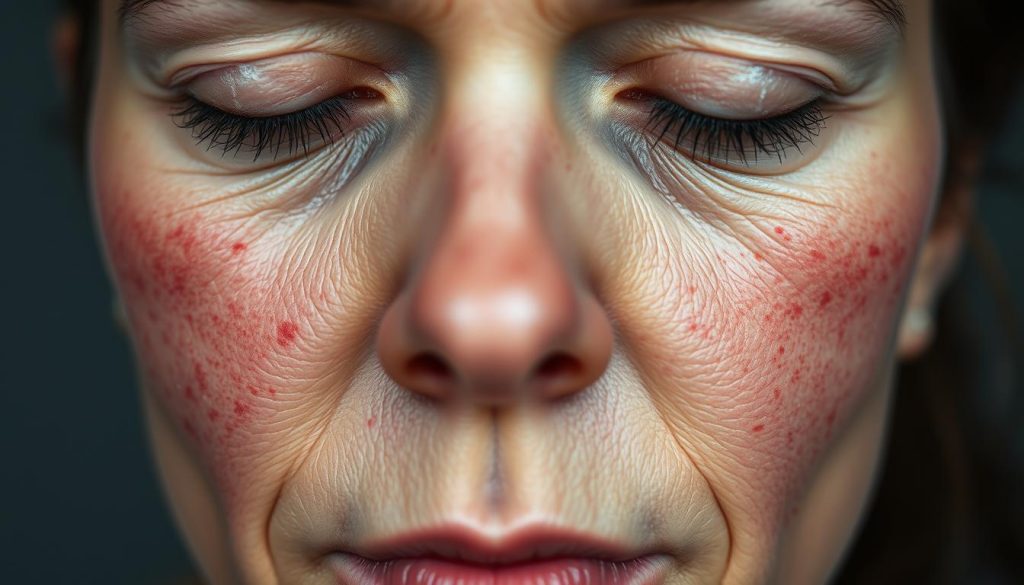 A close-up of a human face showing various skin issues caused by stress - red irritated patches, clogged pores, dullness, and fine lines. The skin appears uneven, with a slightly oily sheen. The lighting is soft and diffused, creating shadows that accentuate the textural imperfections. The focus is on the central facial area, with a slight blur in the periphery, directing attention to the problematic complexion. The overall mood is one of concern and tension, capturing the negative impact of stress on the skin's appearance.