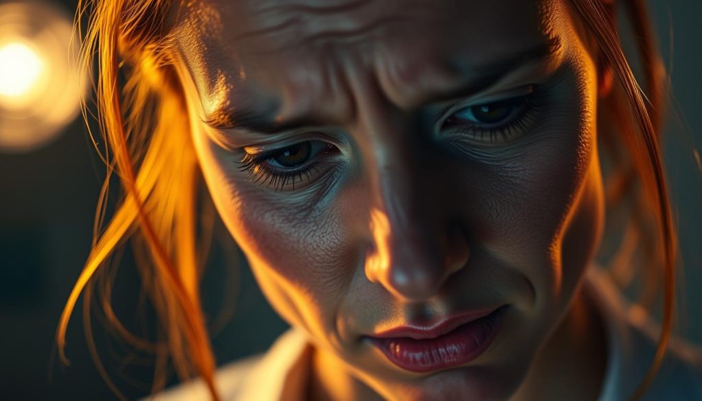 A closeup portrait of a woman's face, with a stressed, troubled expression. The skin on her forehead and cheeks appears visibly reddened, with subtle signs of irritation and blemishes. The lighting is dramatic, with a warm, golden glow from the side, casting deep shadows that accentuate the stressed textures of the skin. The background is blurred, suggesting a clinical or medical setting, with a sense of clinical detachment. The overall mood is one of tension and discomfort, reflecting the impact of stress on the skin's health and appearance.
