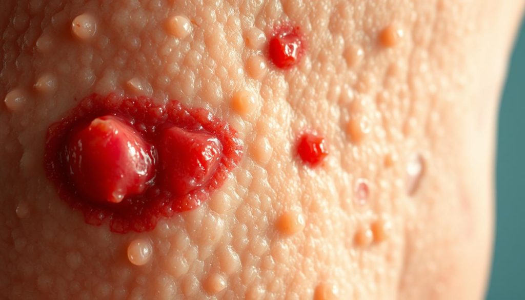 A detailed close-up view of the human skin's surface, showcasing the intricate structure and various contributing factors to acne formation. The foreground depicts enlarged pores, clogged sebum, and inflamed red blemishes across a textured epidermis. The middle ground highlights the sebaceous glands and hair follicles, while the background subtly reveals the underlying layers of the skin. The lighting is soft and diffused, casting gentle shadows to accentuate the topographical details. The overall mood is clinical yet visually captivating, inviting the viewer to better understand the physiological mechanisms behind acne development.