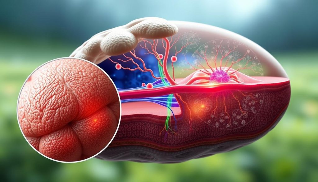 A detailed cross-section illustration depicting the mechanisms by which stress impacts the skin. In the foreground, a magnified view showcases the biological processes at play - oxidative stress, inflammation, and hormonal imbalances. In the middle ground, the intricate connections between the nervous system, endocrine system, and skin are visualized through colorful, anatomically accurate renderings. The background features a blurred, ethereal landscape symbolizing the complex, systemic nature of the stress response. Soft, diffused lighting lends a contemplative, scientific mood to the scene. Rendered in a photorealistic style with a 50mm lens, this illustration aims to elucidate the complex interplay between stress and skin health.