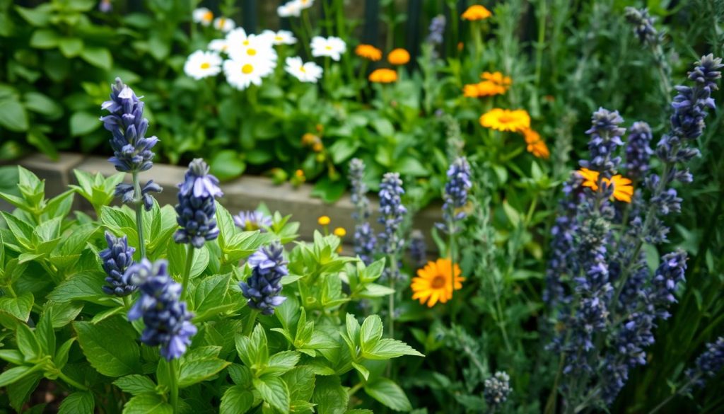 A lush, verdant garden filled with an assortment of vibrant, aromatic herbs. In the foreground, a cluster of fresh, green leaves with delicate purple flowers – lavender, known for its calming and skin-soothing properties. Surrounding it, a variety of other medicinal plants, their leaves and stems radiating a healthy glow under the soft, diffused lighting. In the middle ground, a well-tended raised bed with a mix of chamomile, calendula, and rosemary, their earthy scents mingling in the air. In the background, a fence or stone wall partially obscured by the thriving greenery, creating a sense of tranquility and natural sanctuary. The overall scene conveys the therapeutic power of nature, a harmonious blend of form and function, perfectly suited to illustrate the benefits of herbal remedies for skin issues.