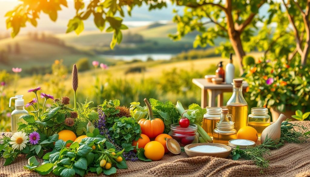 A serene natural setting with lush greenery, vibrant flowers, and soothing earth tones. In the foreground, various home-grown herbs, fruits, and vegetables sit neatly arranged, suggesting natural remedies for common skin issues. The middle ground showcases a relaxing outdoor scene, with a wooden table or bench, and jars or bottles filled with natural oils, tinctures, and creams. The background features a tranquil landscape, with rolling hills, a calming body of water, and a warm, golden-hour lighting that creates a sense of peacefulness and tranquility. The overall composition conveys a holistic, harmonious approach to natural skincare solutions.