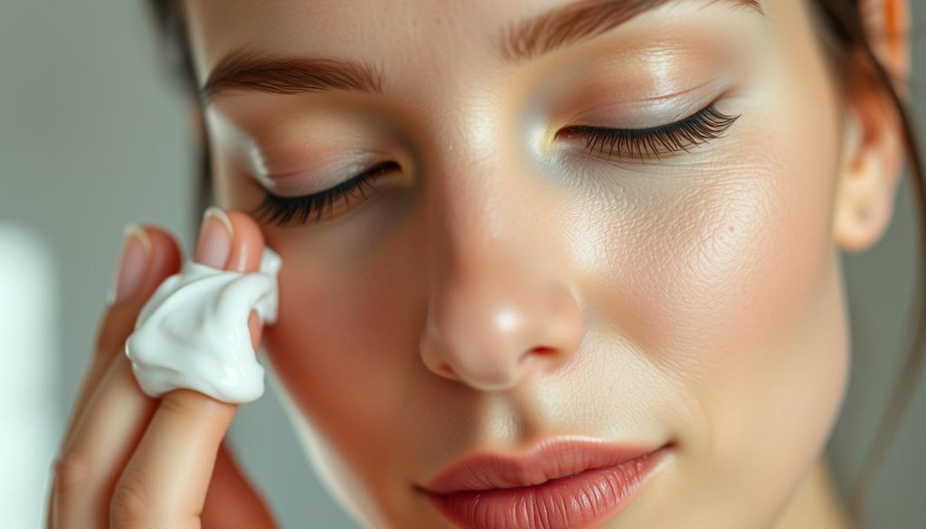 A serene, softly-lit close-up of a woman's face, her skin glowing with a healthy, radiant complexion. Her eyes are closed, expression peaceful, as she applies a creamy, gentle facial cleanser with her fingertips. The background is blurred, drawing the viewer's focus to the intricate details of her skin - pores, faint freckles, and the smooth, supple texture. Lighting falls from an overhead source, casting subtle shadows that accentuate the contours of her face. The overall mood is one of tranquility and self-care, reflecting the fundamental importance of thorough, daily skin cleansing.