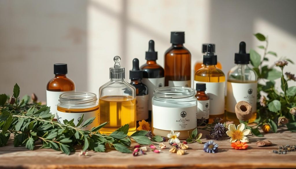 A serene still-life scene of natural skincare products artfully arranged on a wooden surface. In the foreground, a collection of glass jars and bottles filled with organic oils, botanical extracts, and aromatic essences. Soft, natural lighting illuminates the muted tones and textures, creating a calming, spa-like ambiance. Surrounding the products, a scattering of fresh herbs, flowers, and leaves add a touch of vibrant, earthy color. The composition is balanced and visually appealing, conveying the essence of natural, holistic skincare. The overall mood is one of simplicity, purity, and a connection to the natural world.
