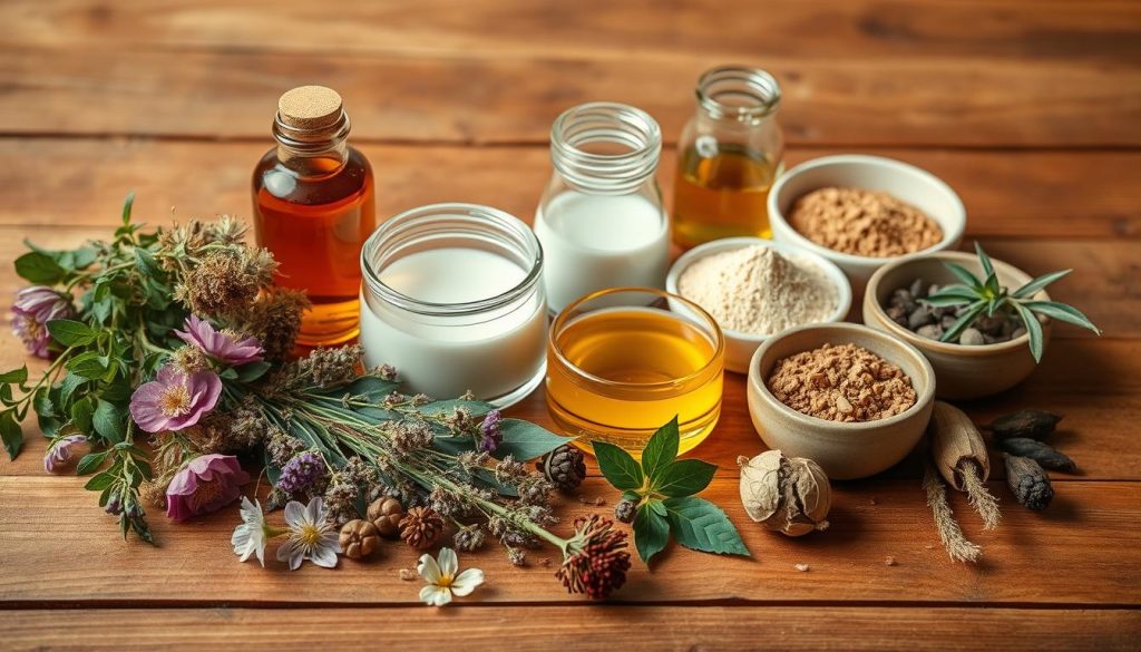 A still life of natural cosmetic ingredients arranged elegantly on a warm, wooden surface. In the foreground, an array of botanical elements - fragrant herbs, delicate flowers, and raw, unprocessed oils. In the middle ground, glass jars and ceramic bowls showcasing pure, organic extracts and powders. Soft, diffused lighting casts a gentle glow, highlighting the natural textures and earthy tones. The overall scene exudes a sense of purity, simplicity, and the allure of homemade, artisanal skincare. The composition is balanced and visually appealing, inviting the viewer to explore the natural beauty of these nourishing ingredients.