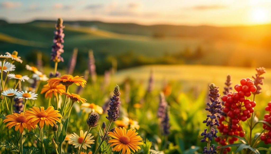 A verdant, lush botanical scene showcasing the benefits of natural skincare. In the foreground, an array of vibrant, organically grown botanicals - chamomile, calendula, lavender, and rosehips - radiating a warm, soft-focus glow. In the middle ground, a woman's face, her complexion glowing with a healthy, luminous sheen, her expression serene and content. The background features a tranquil landscape of rolling hills, a clear sky, and the soft, diffused light of a golden hour sunset, conveying a sense of natural calm and rejuvenation. Rendered in a painterly, impressionistic style with rich, saturated colors, evoking the pure, nourishing essence of natural skincare.