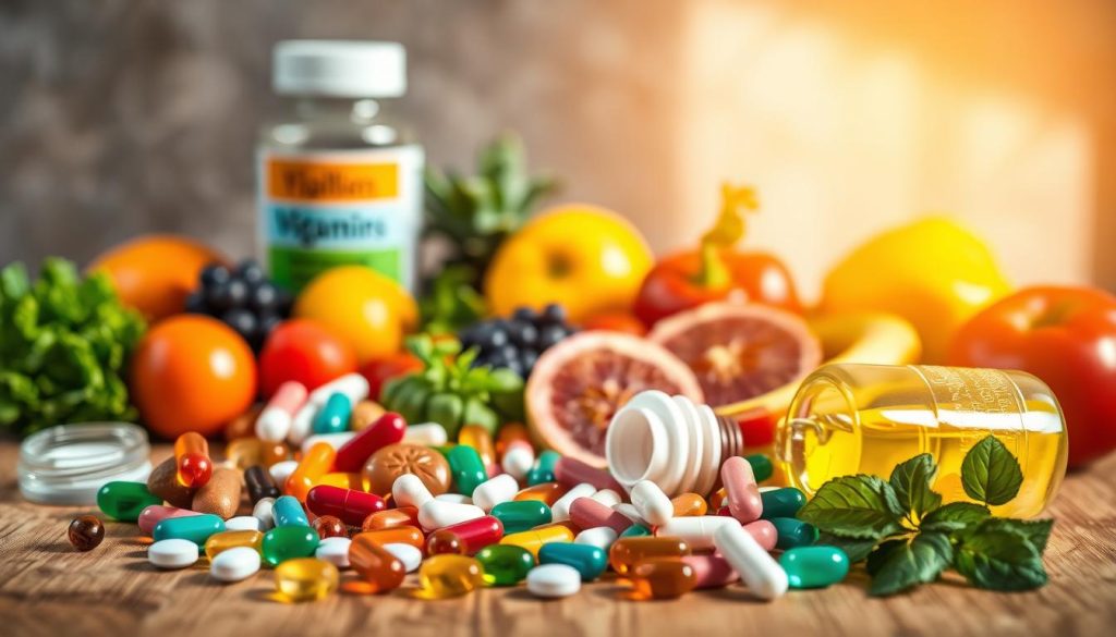 A vibrant still life featuring an assortment of healthy skin-nourishing vitamins and supplements. In the foreground, an array of colorful pills, tablets, and capsules arranged artfully on a wooden surface. The middle ground showcases a selection of fresh fruits and vegetables, each bursting with beneficial nutrients. Soft, natural lighting illuminates the scene, creating a warm, inviting atmosphere. The background features a subdued, blurred backdrop, allowing the primary elements to take center stage. This image aims to visually convey the importance of a balanced, nutrient-rich diet for maintaining healthy, glowing skin.