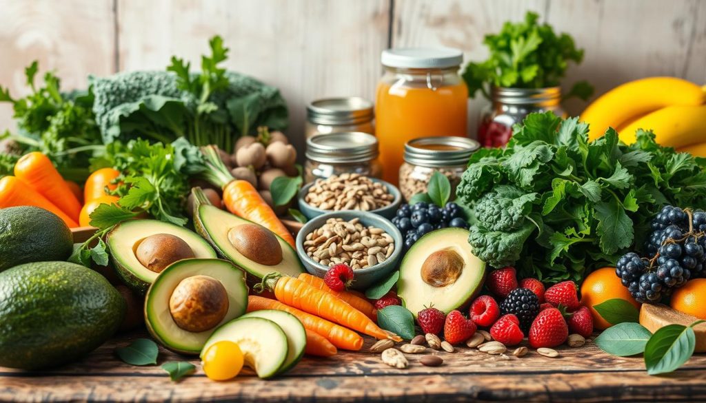 A vibrant still life showcasing an assortment of skin-nourishing ingredients on a rustic wooden surface. In the foreground, a variety of fresh fruits and vegetables, such as avocados, carrots, leafy greens, and berries, are arranged in a visually appealing manner. The middle ground features jars of honey, nuts, and seeds, while the background is filled with a soft, natural light, accentuating the earthy tones and textures of the scene. The overall composition conveys a sense of health, vitality, and the synergistic benefits of incorporating these superfoods into one's diet for radiant, glowing skin.