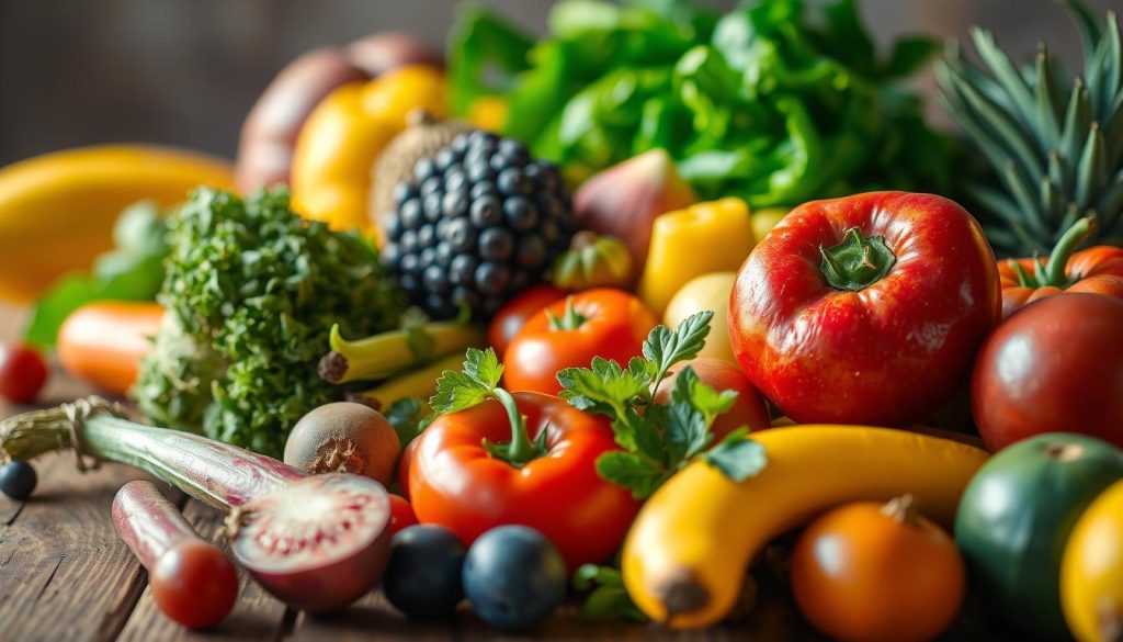 Lush, vibrant close-up of a variety of fresh, colorful fruits and vegetables on a wooden table, illuminated by warm, natural lighting. The produce is arranged in an aesthetically pleasing composition, highlighting the diverse textures, shapes, and hues of the ingredients essential for a healthy, nourishing diet for glowing, radiant skin. Soft, diffused backlighting creates a sense of depth and dimension, while the overall mood is calming, inviting, and aspirational, conveying the benefits of a wholesome, skin-enhancing diet.