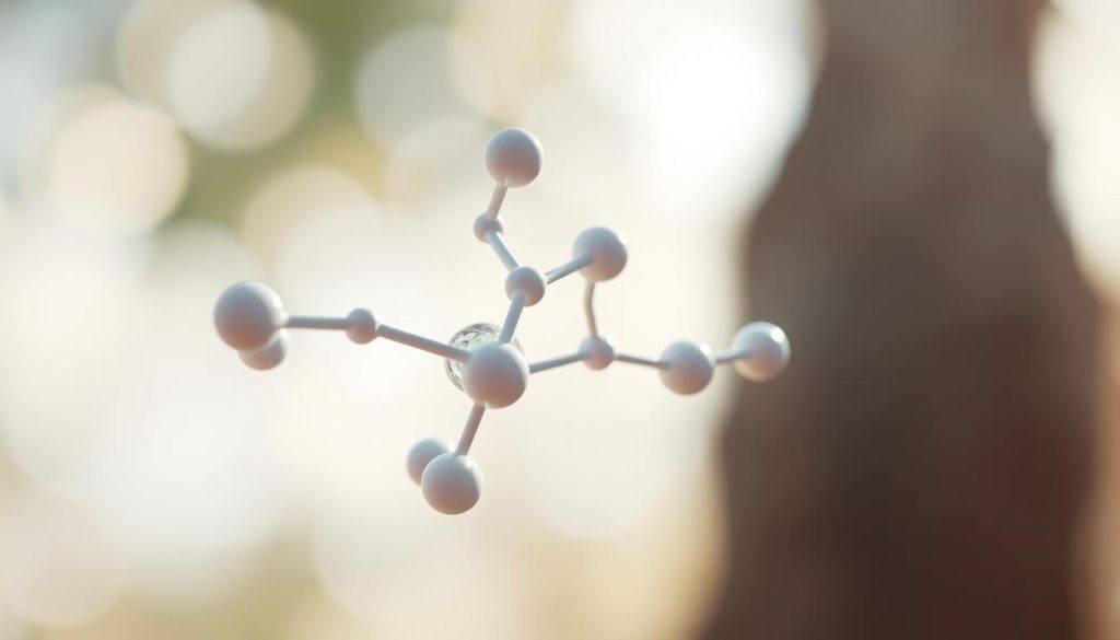A close-up view of a hyaluronic acid molecule, rendered in a detailed, photorealistic style. The molecule is shown in the foreground, with a soft, blurred background that suggests a serene, natural setting. The lighting is directional, casting subtle shadows that accentuate the structure's intricate shapes and curves. The image conveys a sense of purity, elegance, and the essential role of hyaluronic acid in maintaining healthy, youthful skin.