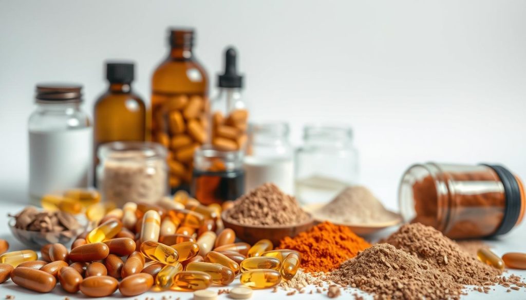 A still life photograph showcasing an arrangement of various skincare supplements on a clean, minimalist background. The supplements are neatly displayed, with soft, natural lighting illuminating their vibrant colors and textures. The foreground features an assortment of capsules, tablets, and powders in earthy tones, arranged in a visually appealing composition. The middle ground includes glass bottles and jars, highlighting the quality and potency of the ingredients. The background is a simple, neutral backdrop, allowing the supplements to take center stage and convey a sense of professionalism and expertise. The overall mood is one of purity, efficacy, and a dedication to skin health and wellness.