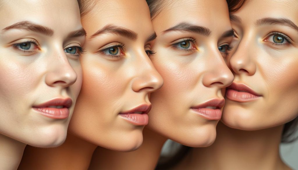 Detailed close-up portrait of diverse healthy skin types, including dry, oily, combination, and sensitive complexions. Flawless, glowing, and radiant skin with natural texture and pores visible. Softly lit from the side to showcase the unique characteristics of each skin type. Warm, inviting color palette highlighting the natural beauty of the skin. Minimal, elegant styling to keep the focus on the skin's intricate details. Crisp, high-resolution image captured with a prime macro lens for maximum clarity and depth.