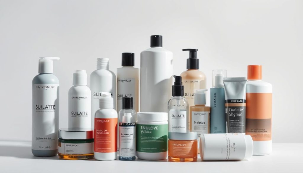 A close-up of a variety of sulfate-containing cosmetic products, including shampoos, conditioners, and body washes, arranged on a minimalist white background. The items are illuminated by soft, diffused lighting that creates shadows and highlights the textures of the packaging. The composition emphasizes the central items, while the background remains clean and uncluttered, allowing the viewer to focus on the products. The overall mood is clinical, educational, and subtly cautionary, hinting at the potential risks of these ingredients for skin and hair health.