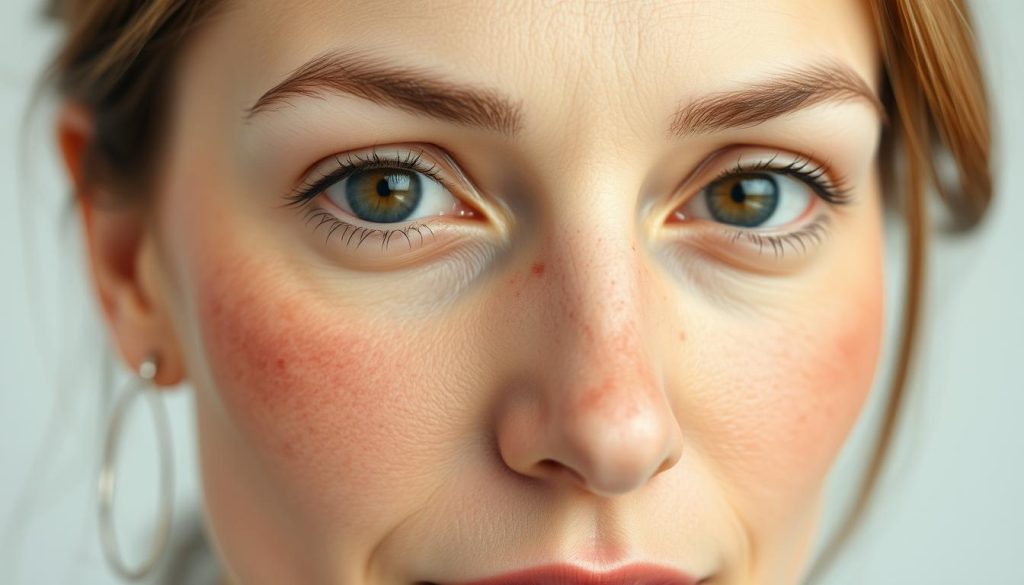 A close-up portrait of a woman's face, showcasing the distinct characteristics of rosacea-prone skin. The foreground captures the flushed, ruddy appearance with visible dilated blood vessels, subtle skin texture, and a slightly uneven complexion. The middle ground includes gentle, even lighting that accentuates the skin's natural glow and highlights the areas of redness. The background is softly blurred, keeping the focus firmly on the intricate details of the complexion. The overall mood is one of clinical yet delicate study, inviting the viewer to examine the unique features of this common skin condition.