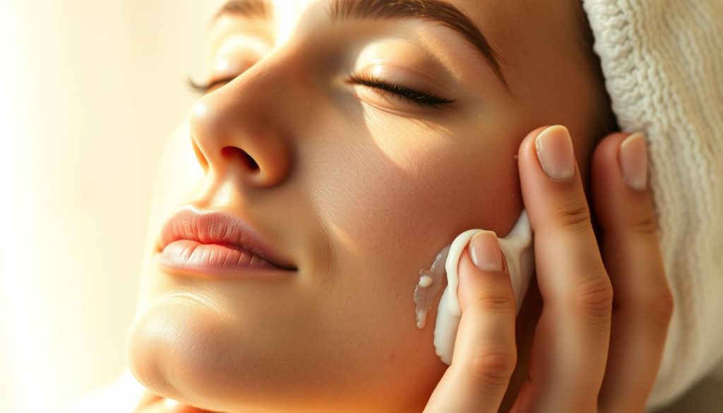 A close-up shot of a woman's face, with her eyes closed and a serene expression, as she undergoes a gentle facial cleansing ritual. The scene is bathed in warm, natural lighting, creating a soft, diffused glow that accentuates the delicate features of her skin. In the foreground, a pair of skilled hands carefully massage a fragrant, creamy cleanser into her complexion, coaxing out impurities and revealing a radiant, revitalized glow. The background is blurred, allowing the viewer to focus solely on the tranquil, rejuvenating experience of facial cleansing. The overall mood is one of tranquility, self-care, and a deep appreciation for the importance of maintaining a healthy, glowing complexion.