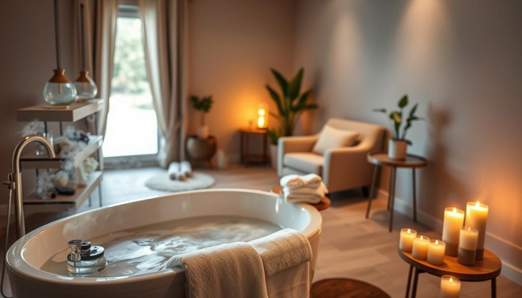 A cozy, well-appointed home spa with natural elements. In the foreground, a luxurious freestanding bathtub filled with steaming water and surrounded by fragrant candles, plush towels, and a selection of pampering bath products. In the middle ground, a serene, dimly lit space with a plush armchair, a side table with a diffuser emitting soothing essential oils, and a potted plant adding a touch of greenery. The background features soft, neutral tones, perhaps with a window overlooking a peaceful outdoor scene or a textured wall providing a calming ambiance. Soft, warm lighting creates an inviting, tranquil atmosphere, perfect for a relaxing self-care ritual.