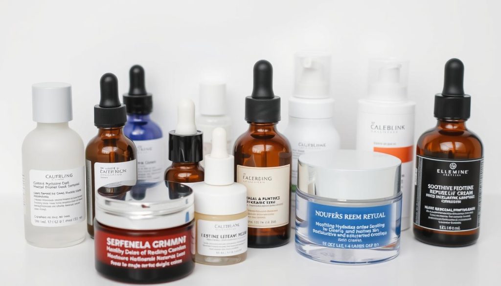 A high-resolution close-up photograph of an assortment of moisturizers, serums, and facial creams designed for sensitive, redness-prone skin. The products are neatly arranged on a minimalist white background, with soft, diffused lighting highlighting their textures and packaging. The focus is on soothing, hydrating, and redness-reducing formulas that would be suitable for a winter skincare routine. The overall mood is calm, clean, and professional, conveying a sense of care and efficacy for managing the challenges of delicate, easily irritated complexions during the colder months.