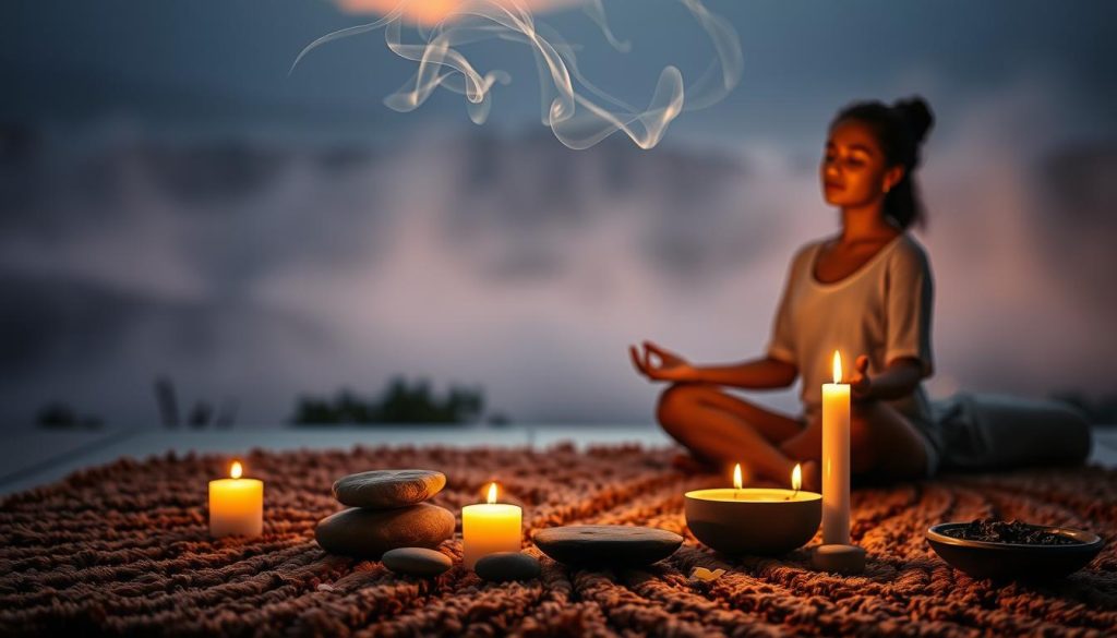 A serene, candlelit scene depicting the benefits of relaxation rituals. In the foreground, a person sits cross-legged on a plush, earthy-toned rug, eyes closed and face softened in a state of peaceful meditation. Wispy tendrils of incense curl through the air, casting a warm, soothing glow. In the middle ground, an array of natural elements - smooth stones, delicate flower petals, a small bowl of aromatic herbs - symbolize the grounding, restorative power of these practices. The background fades into a hazy, dreamlike landscape, suggesting the transcendent, introspective qualities of relaxation rituals. Soft, ambient lighting creates an intimate, serene atmosphere, inviting the viewer to experience the calming benefits depicted.