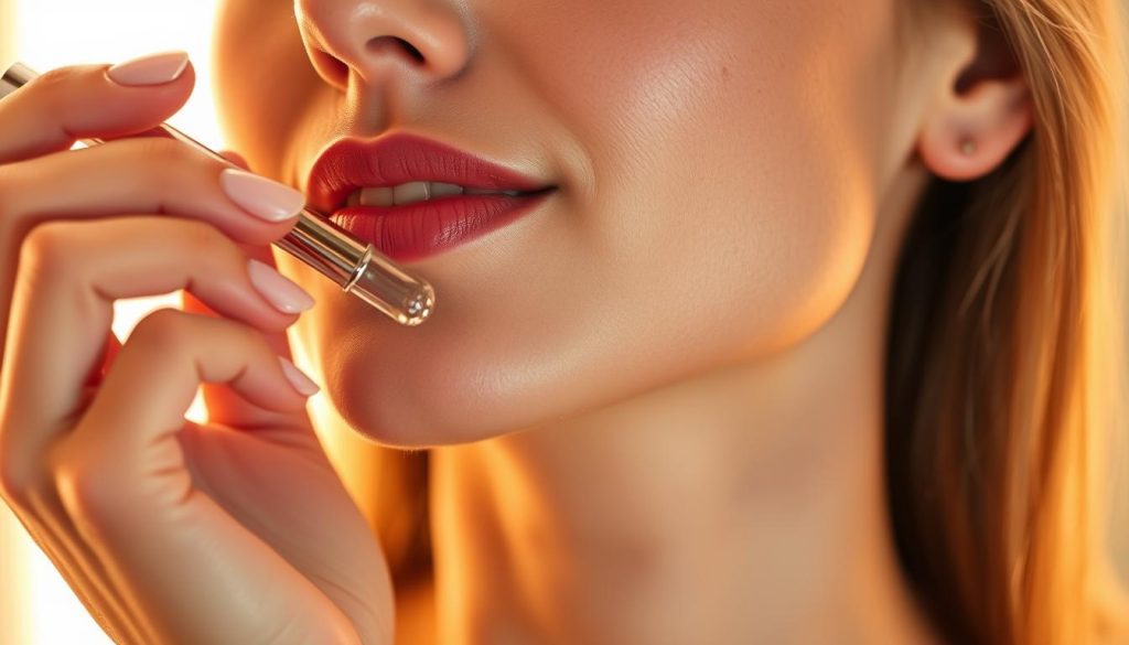 A serene, close-up shot of a woman's hand gently applying a small amount of retinol-infused serum to her radiant, youthful complexion. The lighting is soft and diffused, creating a warm, glowing effect that highlights the skin's smooth texture and even tone. The bottle of retinol serum is visible in the foreground, its elegant design and label prominently displayed. The background is blurred, allowing the focus to remain on the skin's transformation, conveying the idea of retinol as an "elixir of youth" for healthy, vibrant skin.