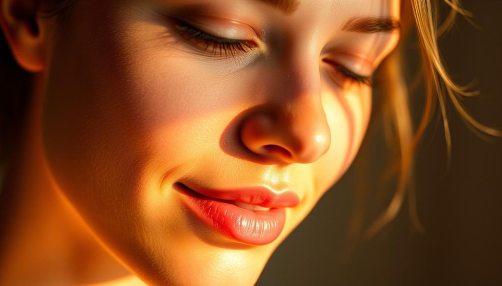 A serene, close-up view of a vibrant, glowing face, illuminated by soft, warm light. The skin appears smooth, supple, and radiant, accentuated by the gentle glow of vitamin C-infused skincare products. The composition focuses on the central facial features, with a slight hint of the surrounding environment fading into a softly blurred background. Subtle highlights catch the light, creating a luminous, healthy complexion. The overall mood is one of rejuvenation, vitality, and the restorative power of vitamin C for a luminous, youthful appearance.
