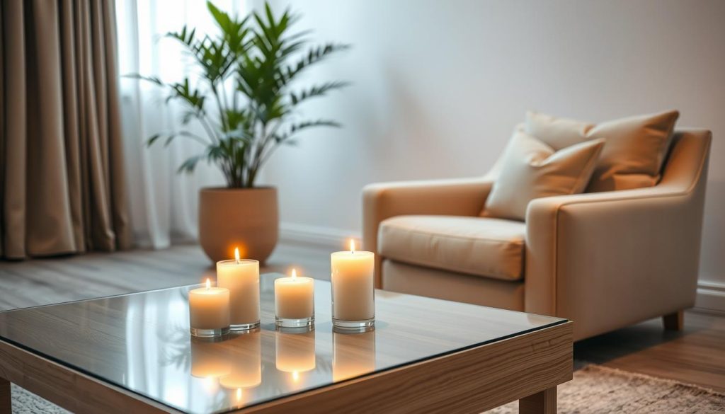 A serene indoor scene, bathed in soft, warm lighting. In the foreground, a sleek, modern coffee table made of light wood and glass, upon which sit several scented candles, their flames flickering gently. Behind it, a plush, oversized armchair upholstered in a neutral, earthy tone, inviting relaxation. In the middle ground, a large potted plant, its lush, verdant leaves adding a touch of natural tranquility. The background features a minimalist, yet cozy living space, with clean lines and muted colors, creating a calming, spa-like ambiance. The overall atmosphere evokes a sense of peace, mindfulness, and personal well-being.