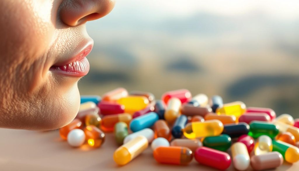 A vibrant, high-resolution image depicting the impact of vitamins on skin health. In the foreground, a close-up of healthy, glowing skin with a warm, soft focus. The middle ground features a variety of colorful vitamin capsules and tablets, their shapes and colors reflecting the diverse array of essential nutrients. In the background, a blurred, ethereal landscape showcases the connection between internal wellness and external radiance. The lighting is natural and diffused, creating a serene, tranquil atmosphere that emphasizes the rejuvenating power of vitamins for the skin. Captured with a professional-grade camera lens, the image conveys the transformative effect of vitamins on skin texture, tone, and vitality.