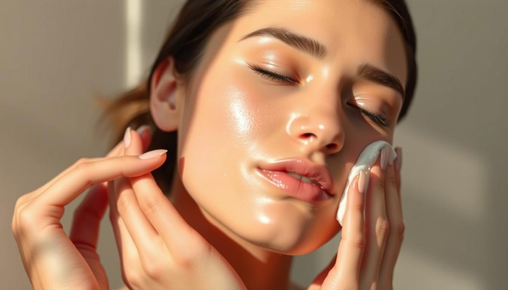 A well-lit, close-up shot of a serene, glowing complexion being gently cleansed with a soft, creamy facial cleanser. Smooth, poreless skin is being massaged in small, circular motions, revealing a radiant, refreshed appearance. Soft, natural lighting casts a warm, soothing ambiance, accentuating the tranquil, rejuvenating experience. Minimalist, spa-like background sets the tone for a calming, nurturing facial care routine. The image conveys the fundamental principles of safe, effective facial cleansing for a healthy, luminous complexion.