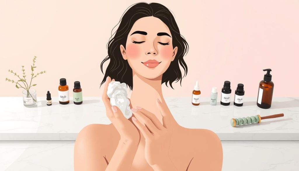 Etapy oczyszczania skóry: a series of natural skincare steps captured in a serene, minimalist illustration. In the foreground, a woman's hands gently massaging a foaming cleanser into her glowing complexion. The middle ground features an array of essential oils, jade rollers, and other skincare tools arrayed on a tranquil marble surface. The background showcases a soft, pastel-tinted gradient, conveying a sense of calm and rejuvenation. The lighting is soft and diffused, casting a warm, radiant glow over the entire scene. The composition is balanced and symmetrical, guiding the viewer's eye through the stages of a thorough, yet relaxing skincare routine.